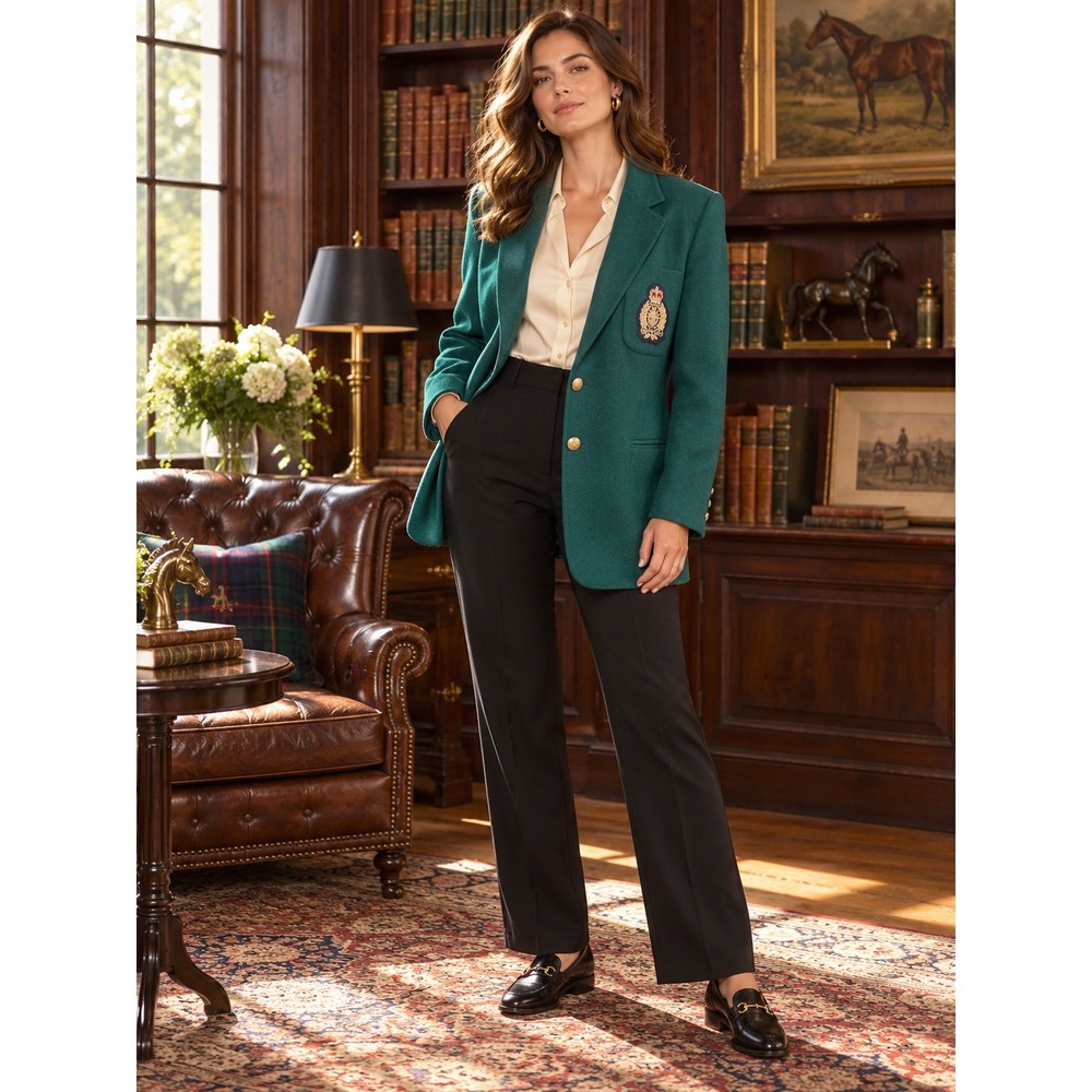 Field Manor Vintage Crest Wool Blend Blazer 6 Green Preppy Academic Equestrian